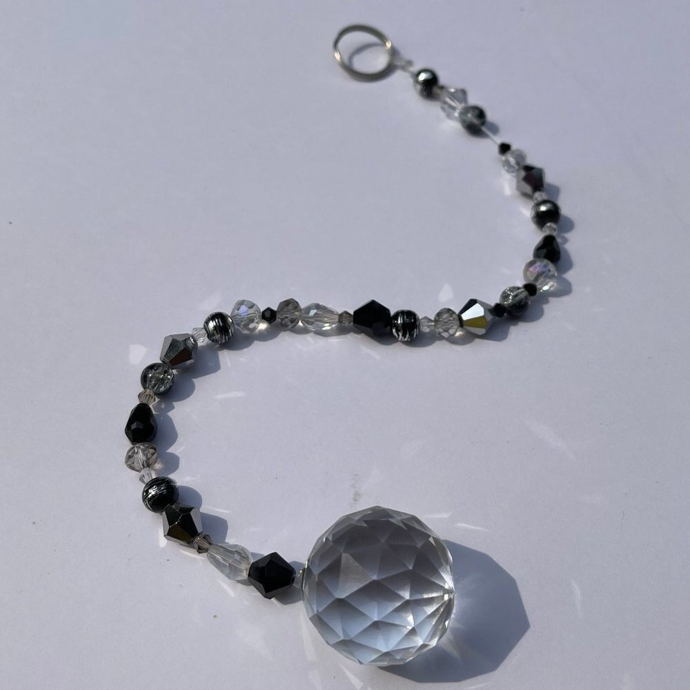 Beaded Suncatcher Black Silver Clear Crystal Prism Hanging Patio Decor Yard Art